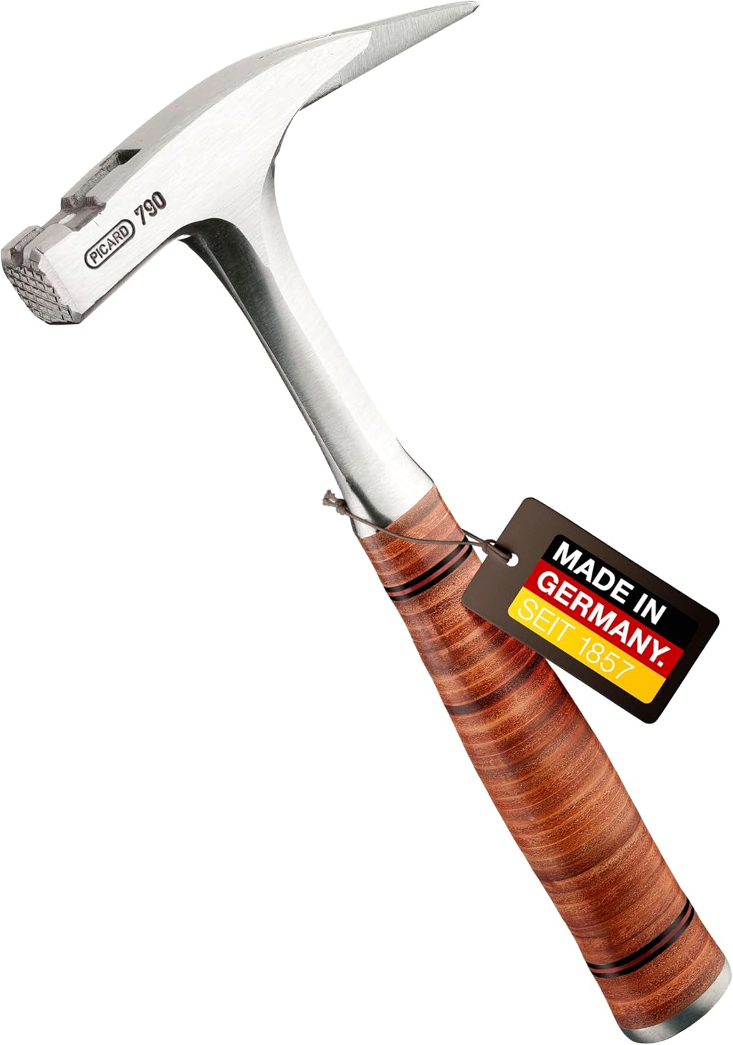 Picard Ganzstahl-Latthammer mit Ledergriff aus echtem Kernleder, magnetischer Nagelhalter, aus hochwertigem Vergütungsstahl gefertigt, geraute Fläche