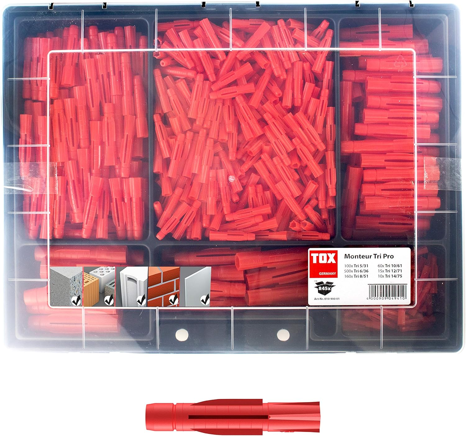 TOX Standard-Sortiment Monteur, Inhalt Tri 20x 5/31, 46x 6/36, 18x 8/51, Barracuda 20x 5/25, 46x 6/30, 18x 8/40 Schrauben, 094901021