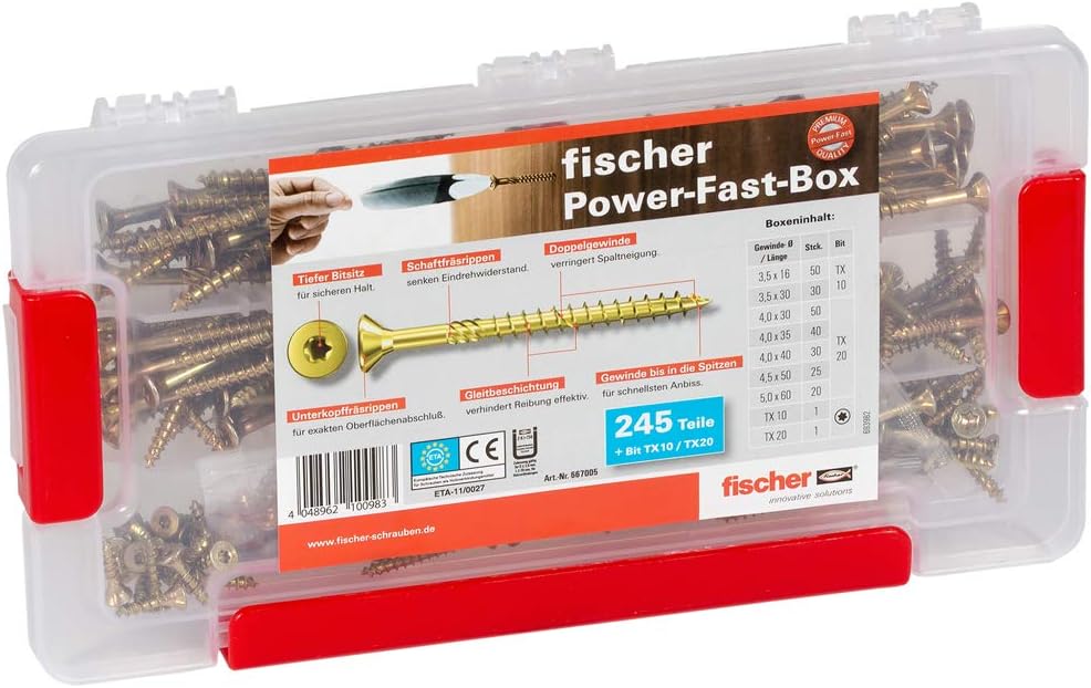 Fischer Power-Fast Box 245 teilig, Schrauben von Durchmesser 3,5 bis 5, 1 Bit TX 10 und 20, 667005