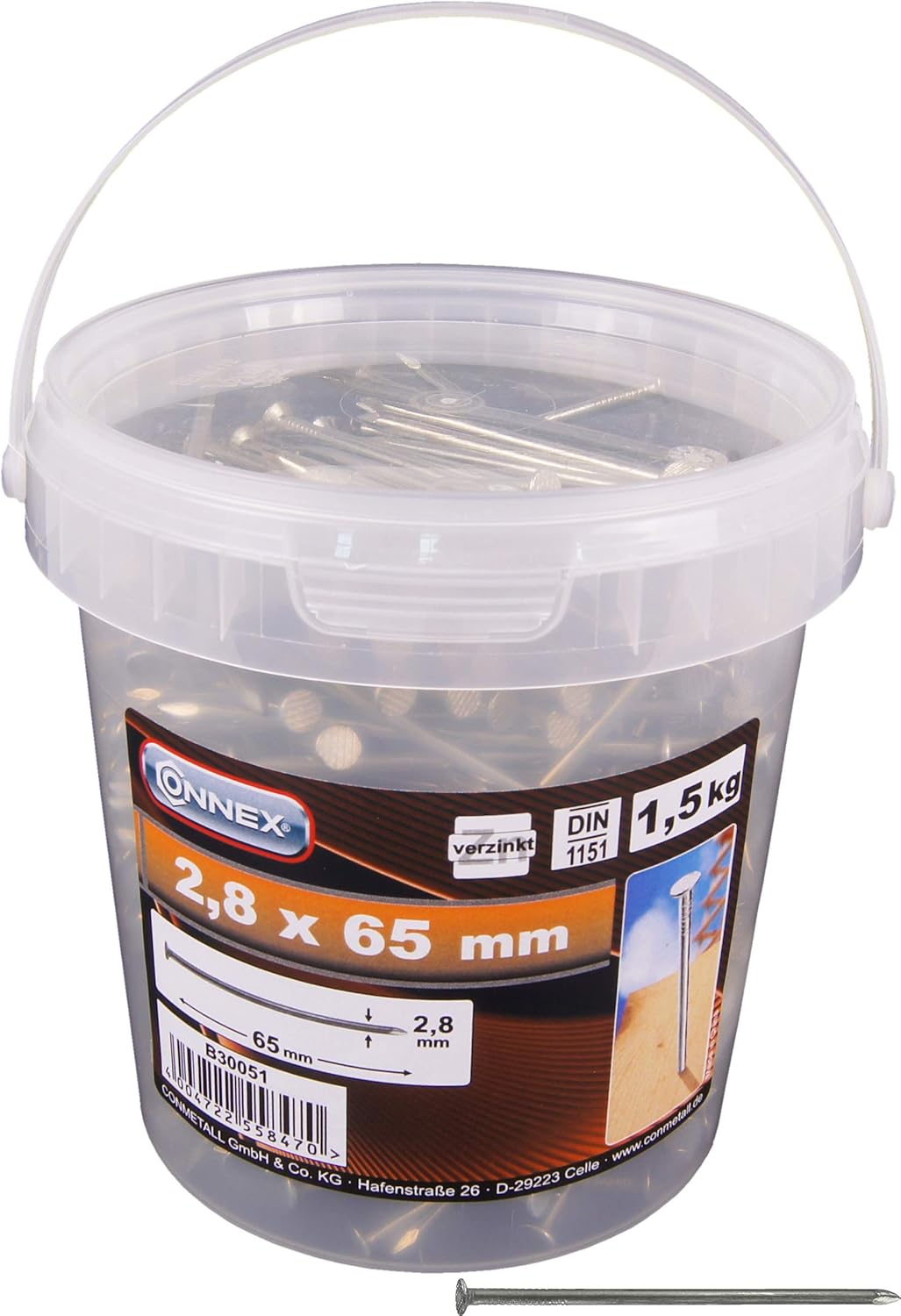 CONNEX 1,5 kg Nägel / Drahtstifte, 2,8 x 65 mm,  Senkkopf, verzinkt, im praktischem Eimer
