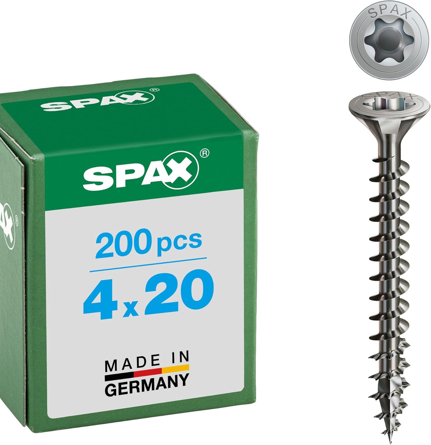 SPAX – Universalschraube, 4,0 x 20 mm, 200 Stück, Senkkopf, T-STAR plus, 4CUT, Vollgewinde, Verzinkt gelb passiviert A2L – 1191020400203
