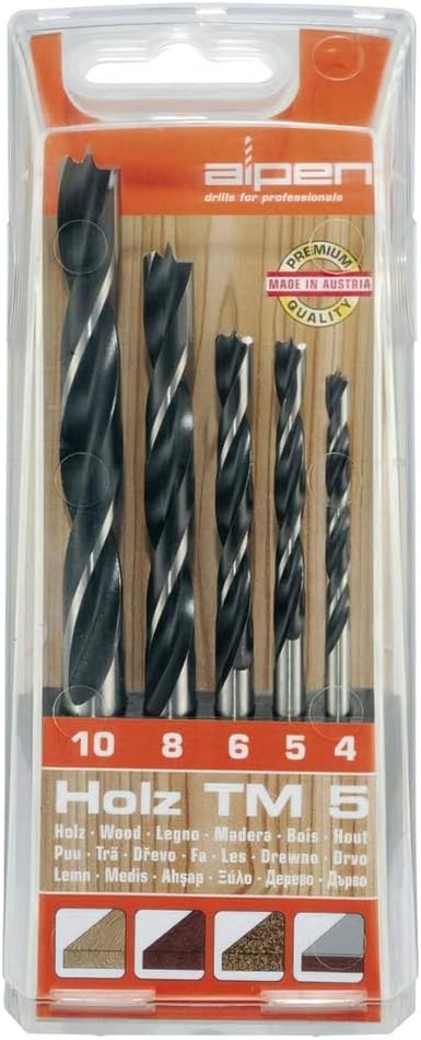alpen CV Maschinen-Holzspiralbohrer, Durchmesser 4-10 mm, Hartmetall-Steinbohrer Long Life, 2-8 mm als 16-teiliges Set, 801003100