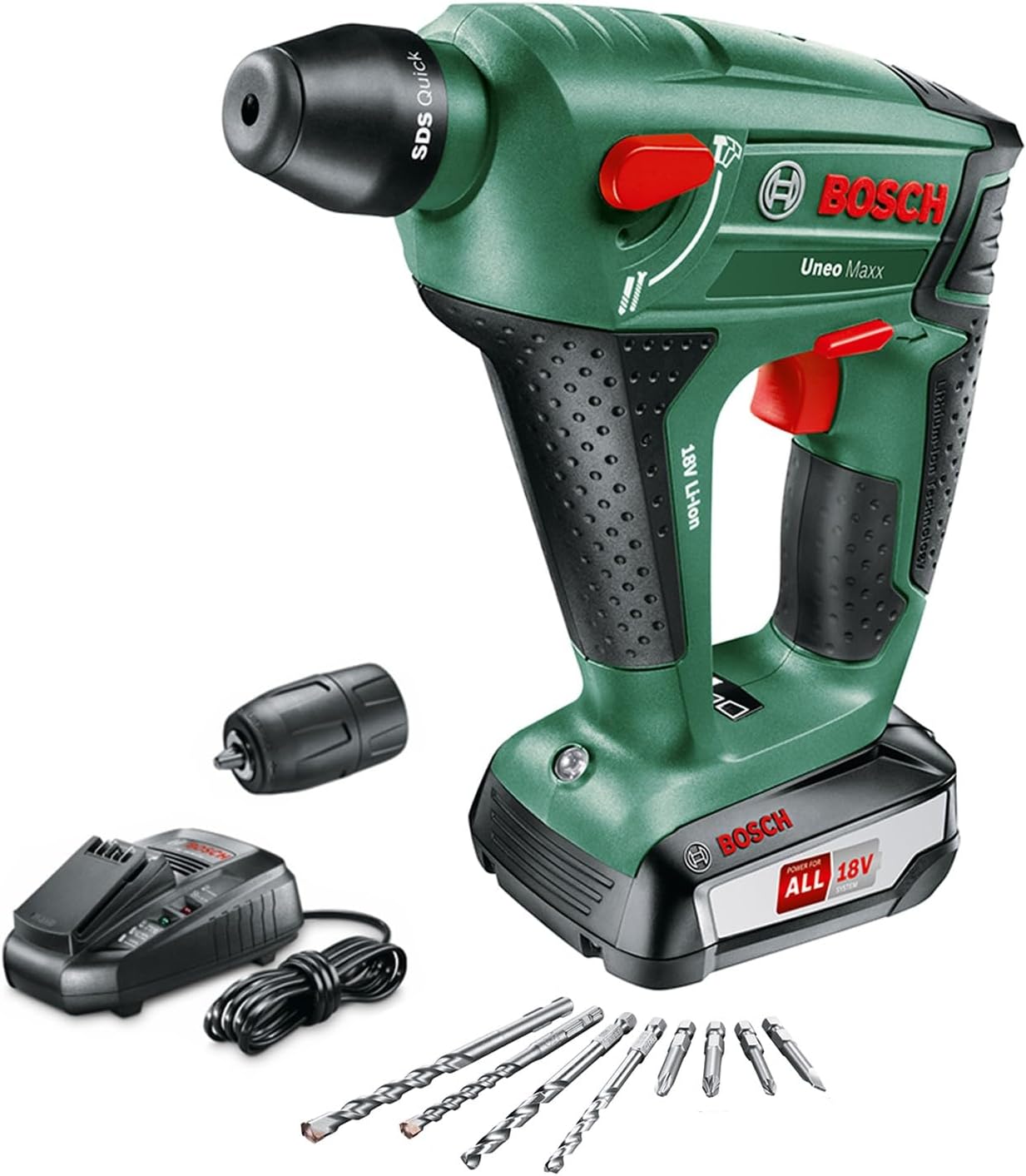 Bosch DIY Akku-Bohrhammer Uneo Maxx, Akku, Ladegerät, 2 x Betonbohrer, 2 x Universalbohrer (18 V, 2,5 Ah, Bohr-Ø 10 mm Beton, 8 mm Stahl)