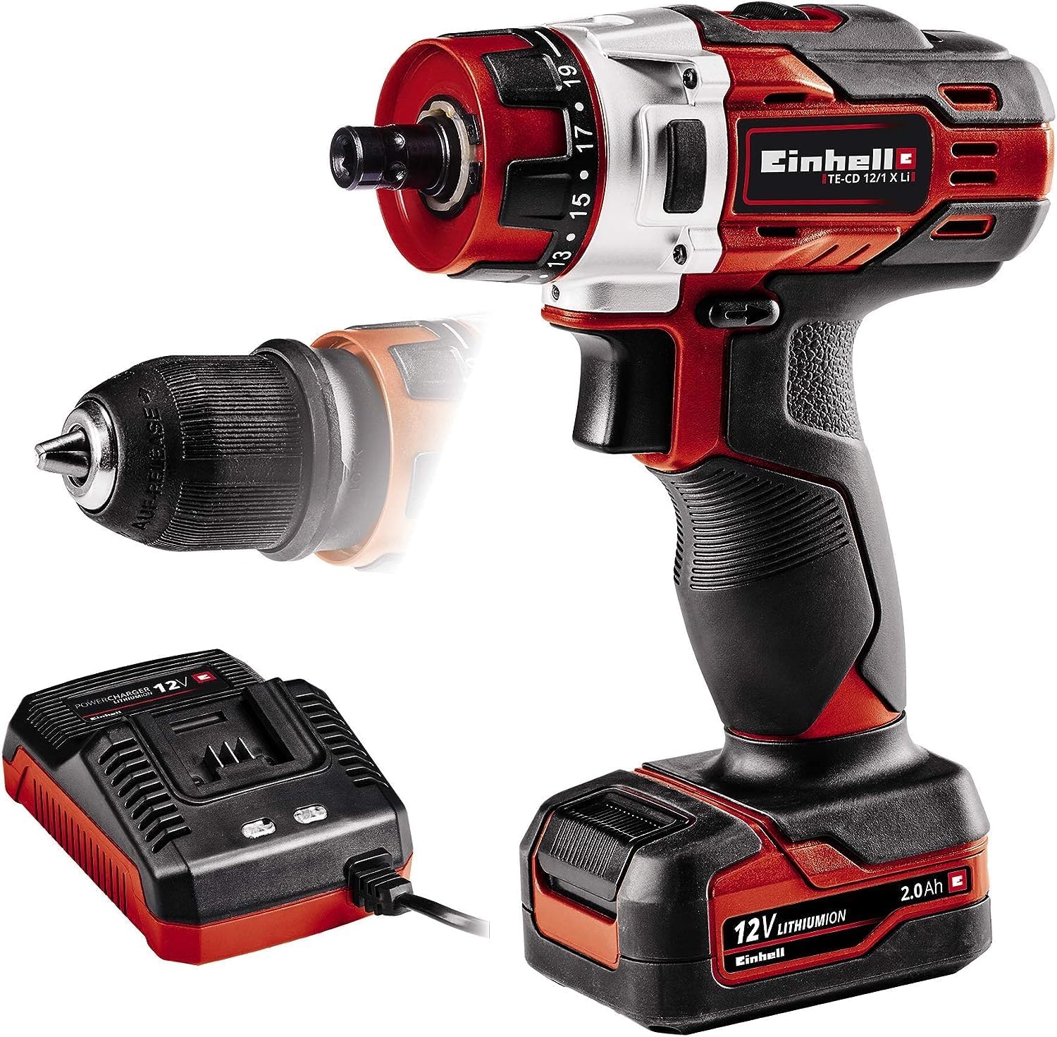 Einhell Akku Bohrschrauber TE-CD 12 Li (2x Lithium Ionen Akku, 12 V, 1,3 Ah, 2 Gang, 25 Nm, LED-Licht, Schnellladegerät, Koffer)