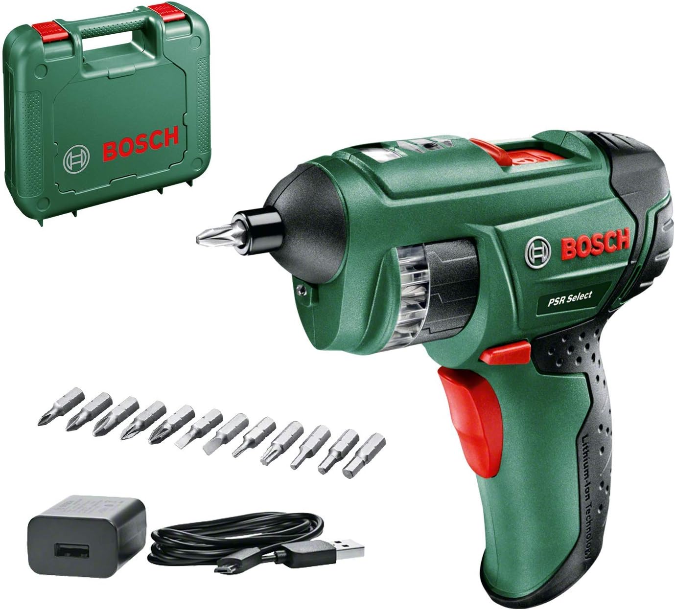 Bosch DIY Akku-Schrauber PSR Select, Ladegerät, integrierte Bittrommel, 12 Schrauberbits, Koffer (3,6 V, Schrauben-Ø bis  5 mm)