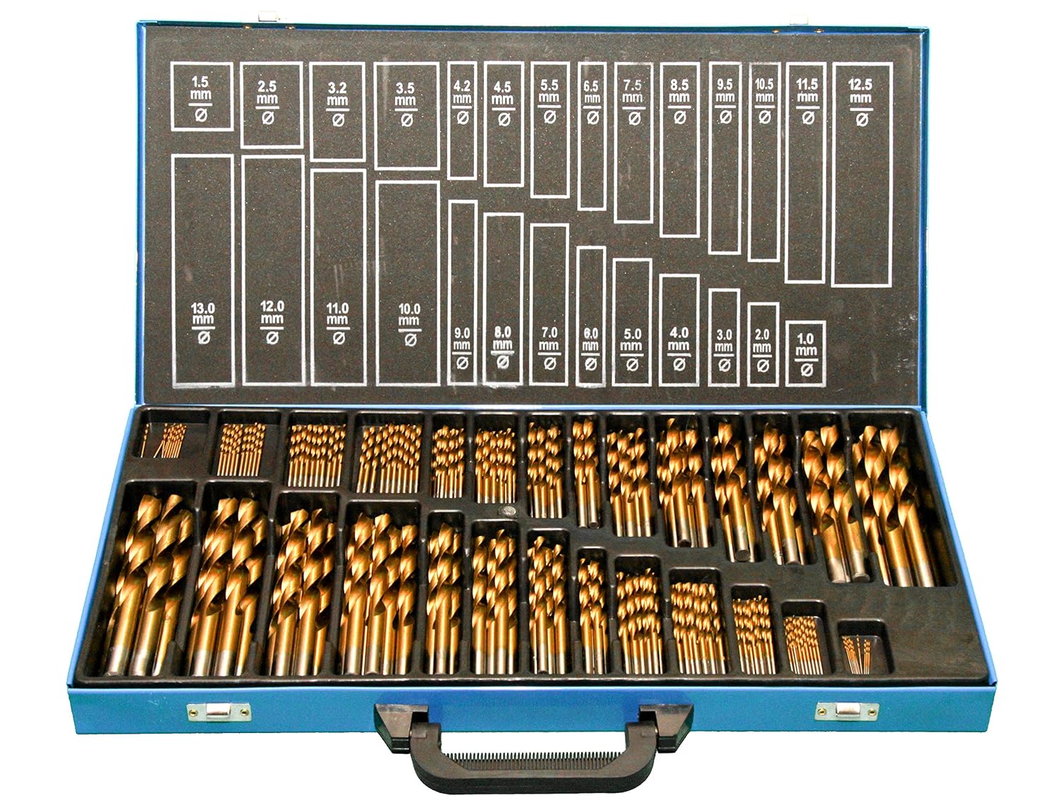 S&R Metallbohrer Set 1,5 – 6,5 mm ,135°, 13 Stk, DIN 338, geschliffen, HSS TITANIUM, Nitrit-Titan-Beschichtung, Metallbox.Profi-Qualität
