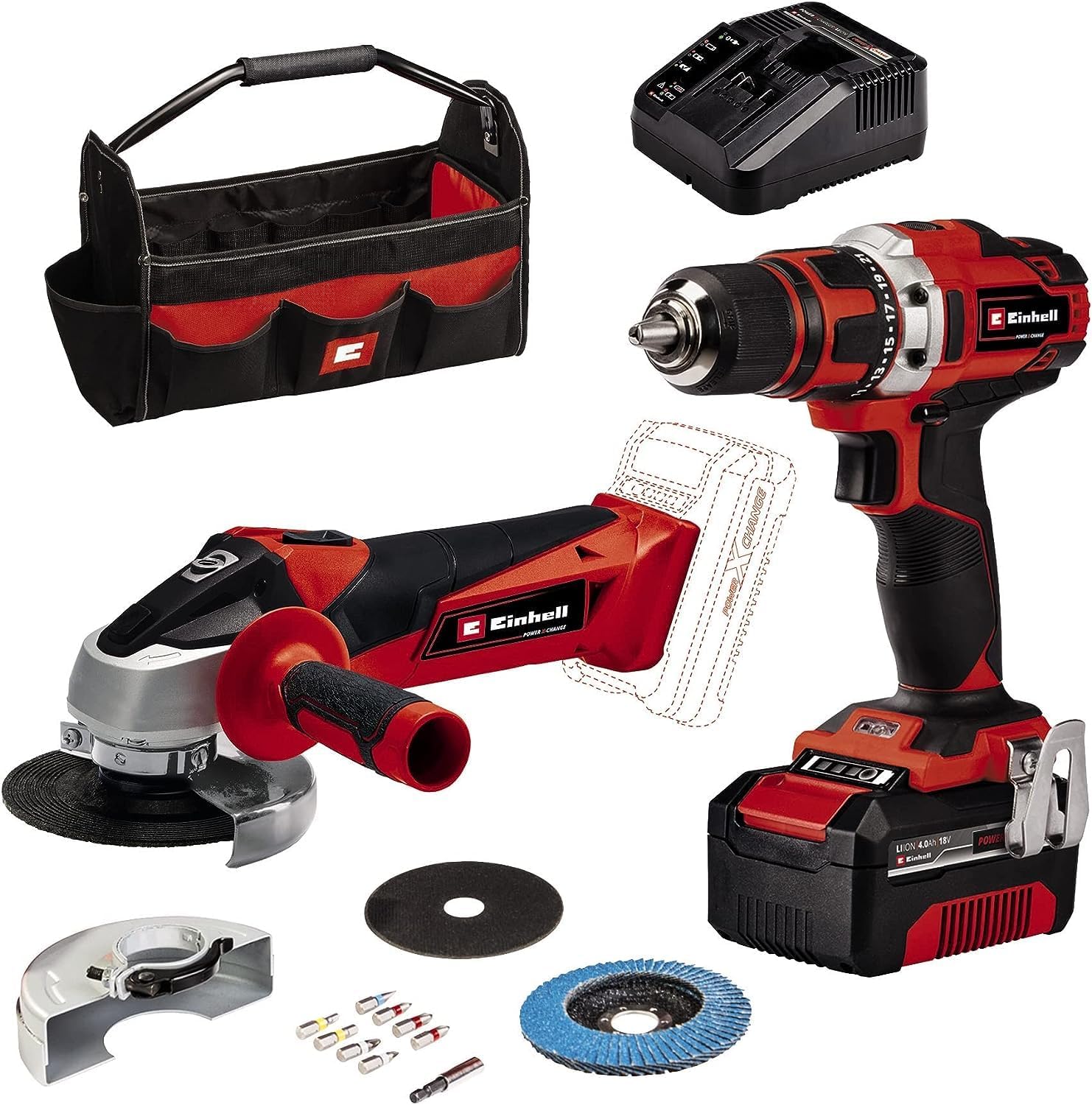 Einhell Werkzeug Set TE-TK 12 Li (12 V, 2x Lithium Ionen Akku, Ladegerät, Bohrschrauber mit Bits, Multifunktionswerkzeug mit Schleif- und Sägeblätter und Schaber, LED Lampe)