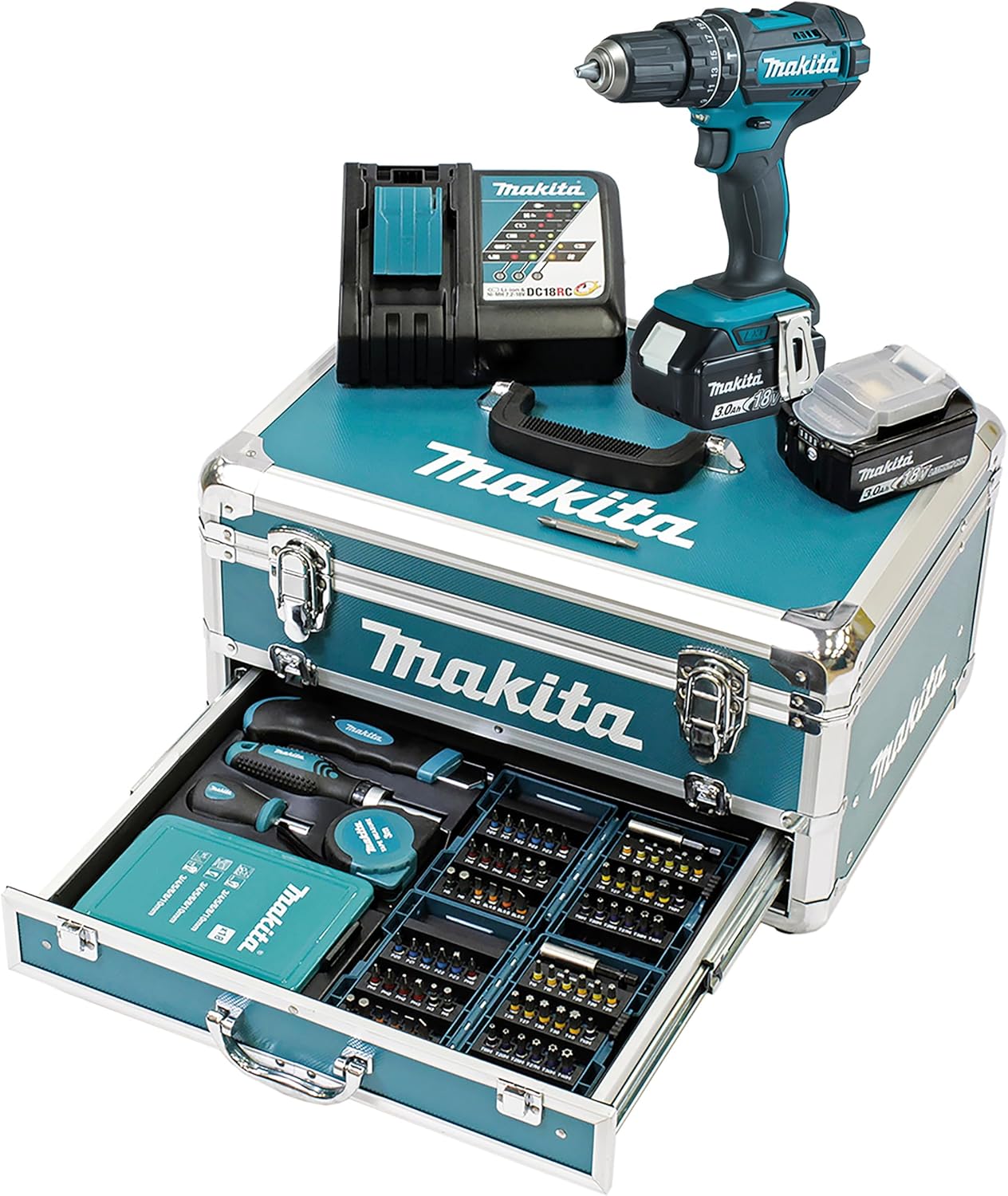 Makita Akku-Schlagbohrschrauber BHP453RHEX5 im Alukoffer inkl. 96-tlg. Zubehörset, 2 Akkus und Ladegerät