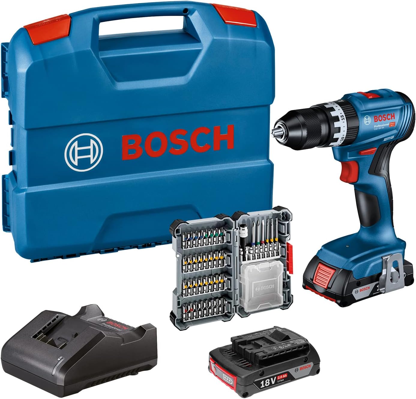 Bosch Professional GSB 18-2-LI Plus Akku-Schlagbohrschrauber, 2 x 2,0 Ah Akku, 18 V, L-Box x , 06019E7100