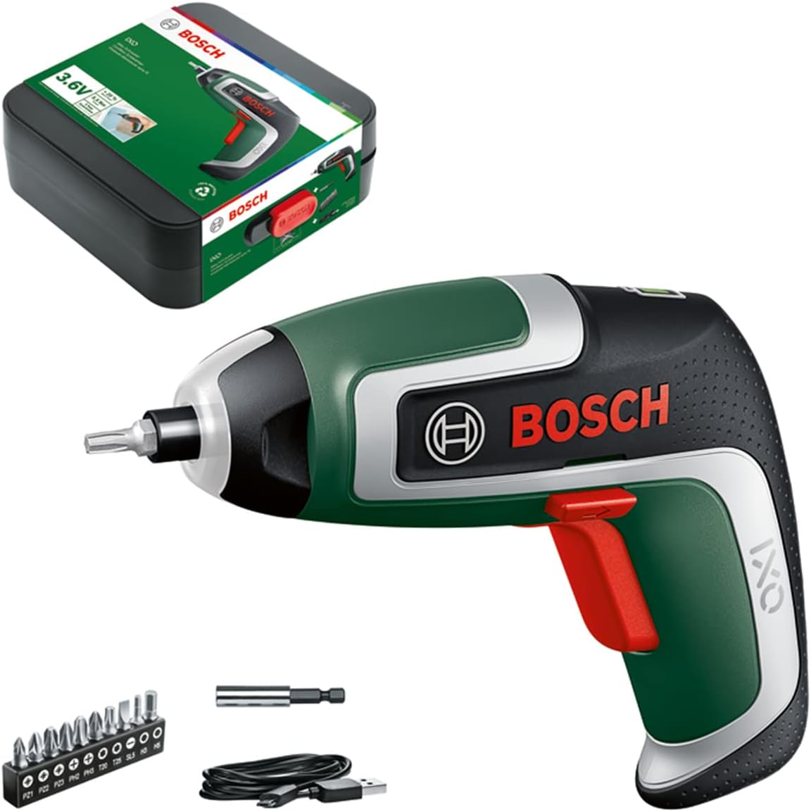 Bosch DIY Akku-Schrauber IXO 5. Generation, 10 Schrauberbits, USB-Ladegerät, Metalldose (3,6 V, 1,5 Ah, 215 min-1 Leerlaufdrehzahl)
