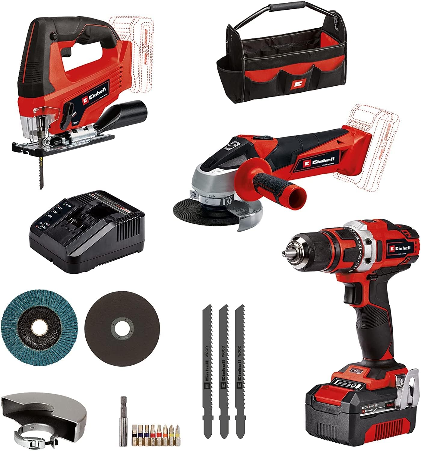 Einhell Werkzeug Set TE-TK 12 Li (12 V, 2x Lithium Ionen Akku, Ladegerät, Bohrschrauber mit Bits, Multifunktionswerkzeug mit Schleif- und Sägeblätter und Schaber, LED Lampe)