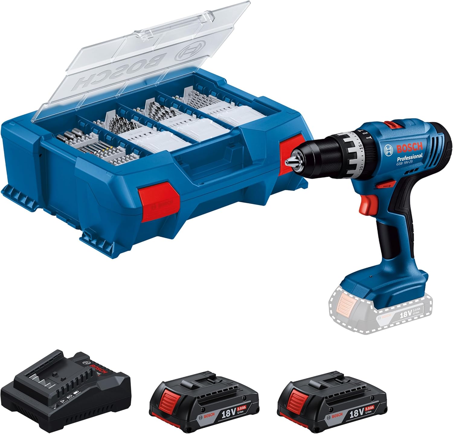 Bosch Professional GSB 18-2-LI Plus Akku-Schlagbohrschrauber, 2 x 2,0 Ah Akku, 18 V, L-Box x , 06019E7100